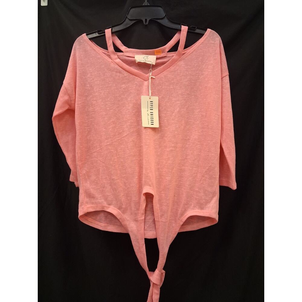 Hyped Unicorn Pink Solid Knit V-Neck Tie Front 3/4 Sleeve Pullover Top S